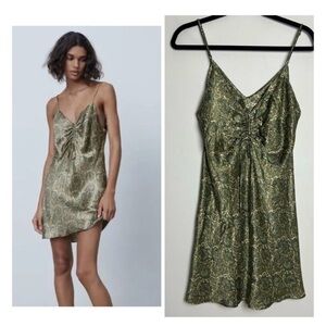 ZARA Green Paisley Print Silky Slinky Slip Mini Dress Size M